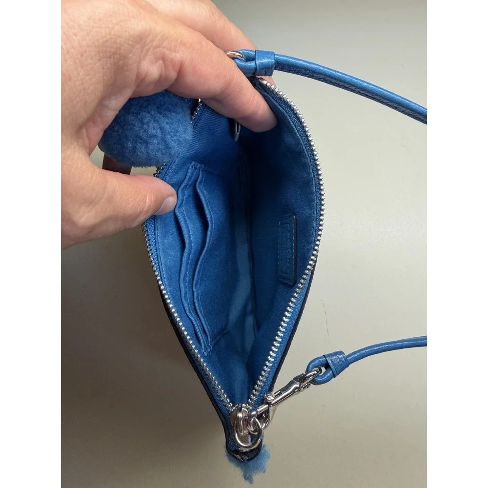 Coach Nolita Small Wristlet in Peacock Blue Pebble Leather with‎ Shearling Trim